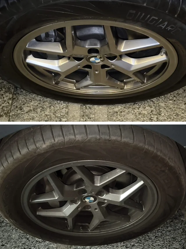 BMW alloy wheel cleaning: before at bottom, after at top