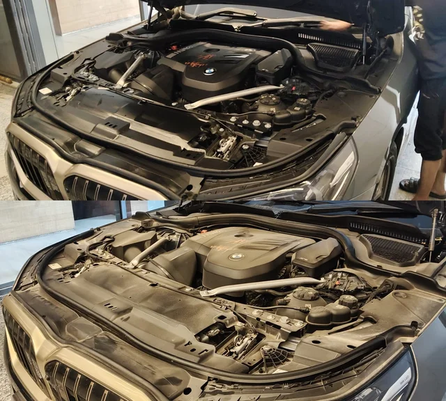BMW engine bay cleaning: before at top, after at bottom
