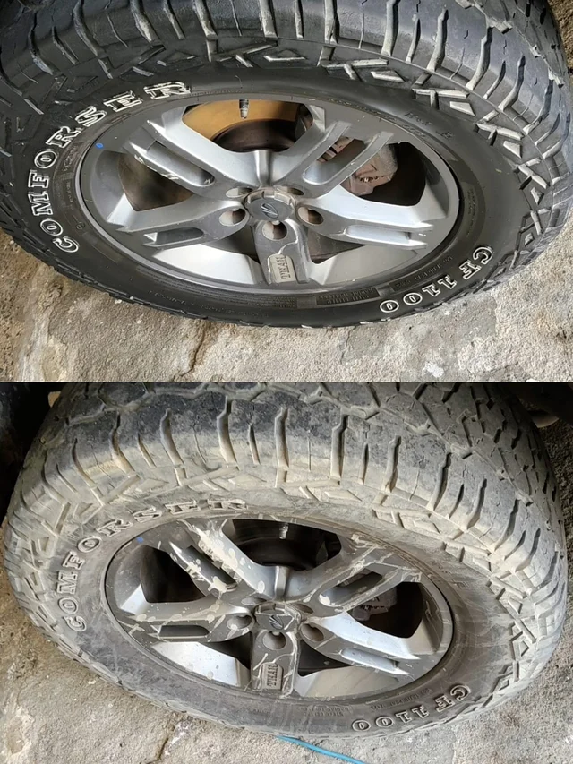 Wheel and tyre deep cleaning: before at bottom, after at top
